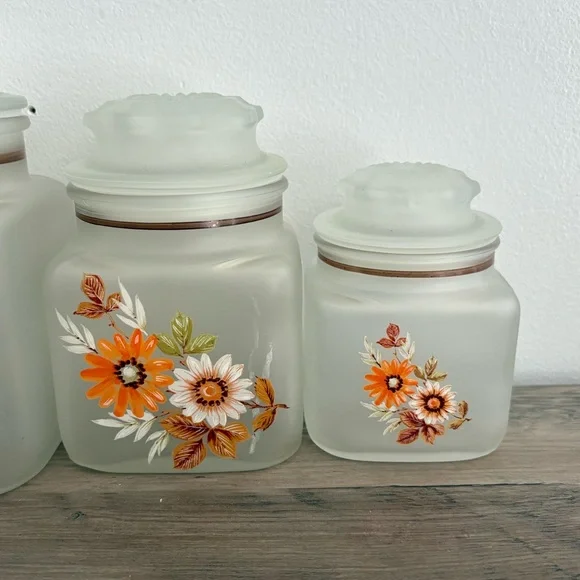 Vintage Retro Rare Anchor Hocking Frosted Glass Canister Floral Set